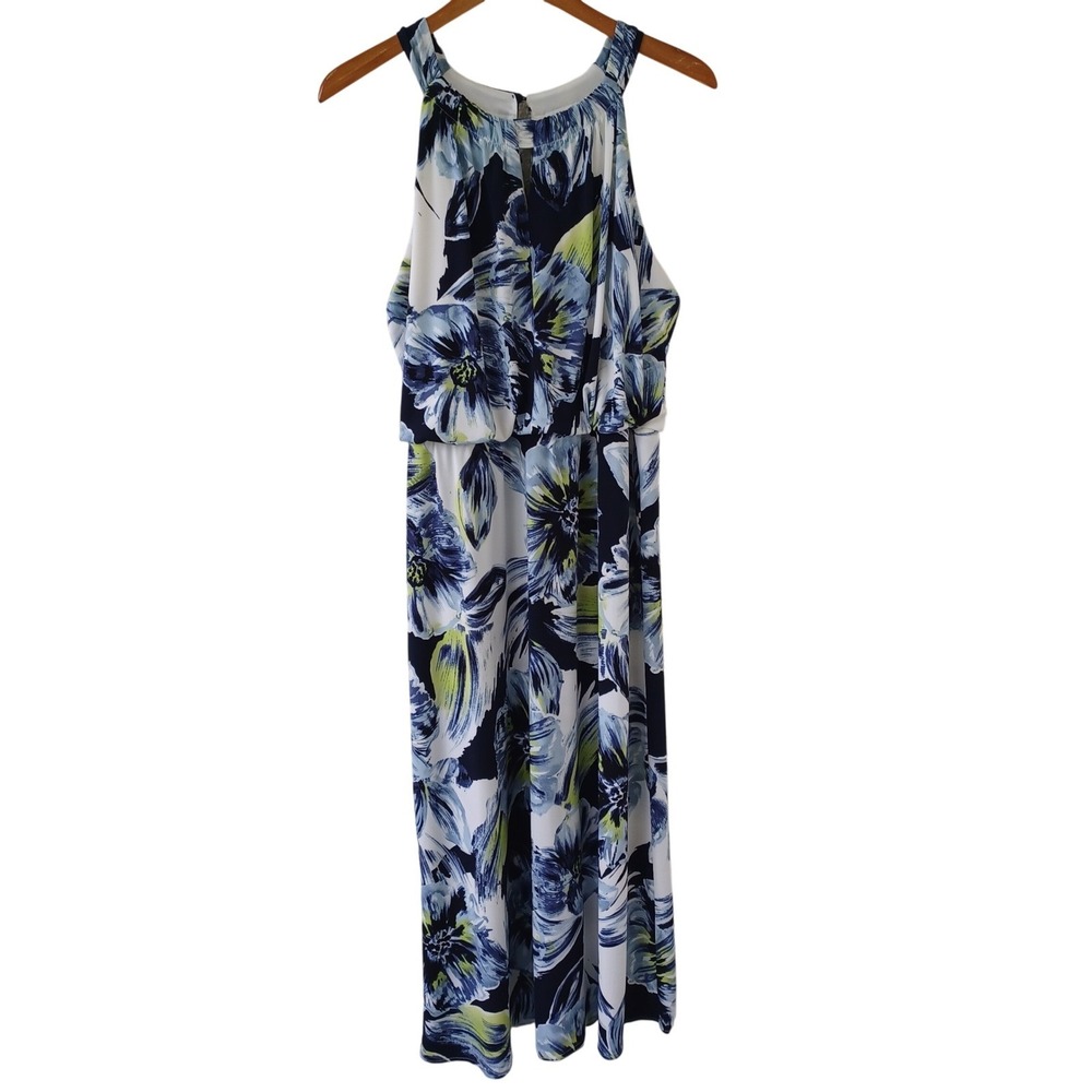 Chicos Blue Green Floral Halter Maxi Dress Size 2 Large Sleeveless Painterly Art - Picture 3 of 10
